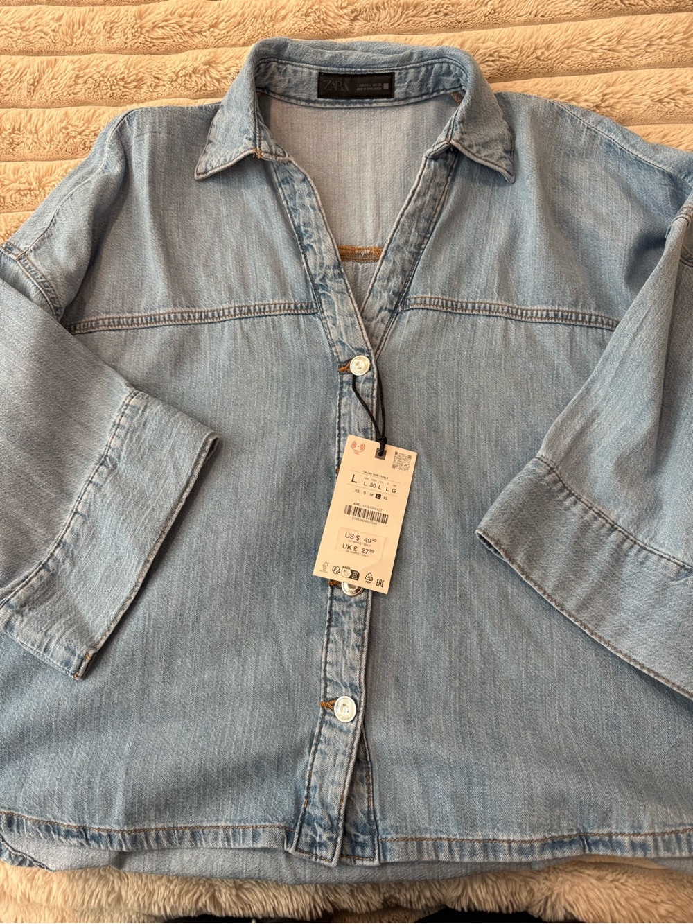 Zara Oversized Denim Shirt NWT Size Large Chambray Button Down Lightweight